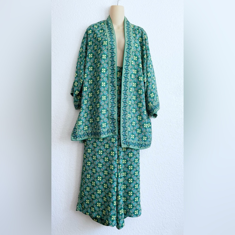 Max Studio Green Floral Kimono Wide-Leg Pants 2-Piece Set Large Beach Resort